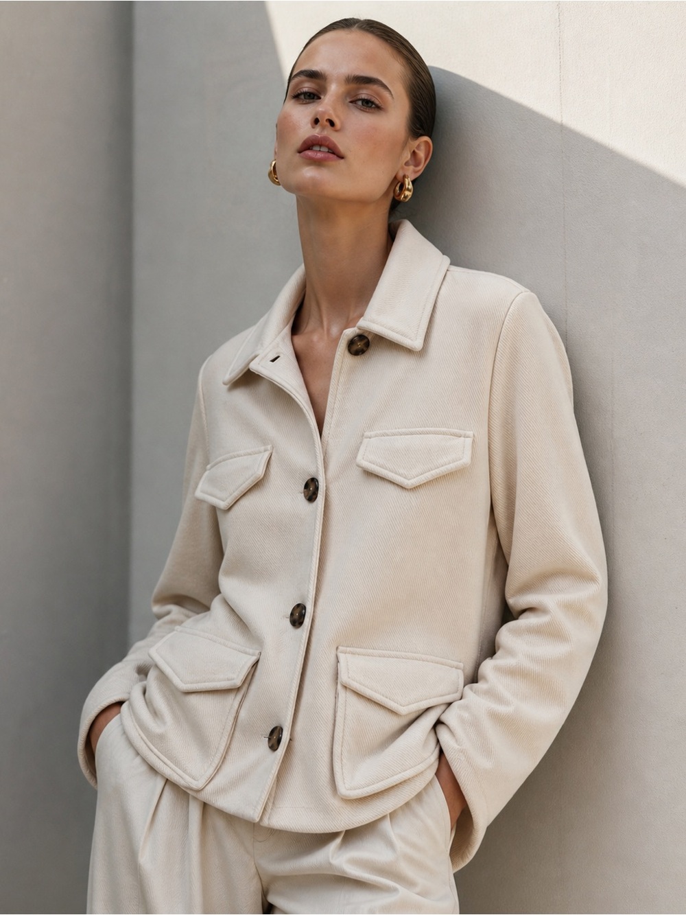 Banana Republic Cream Chore Utility Button Front Jacket with Flap Pockets Size L